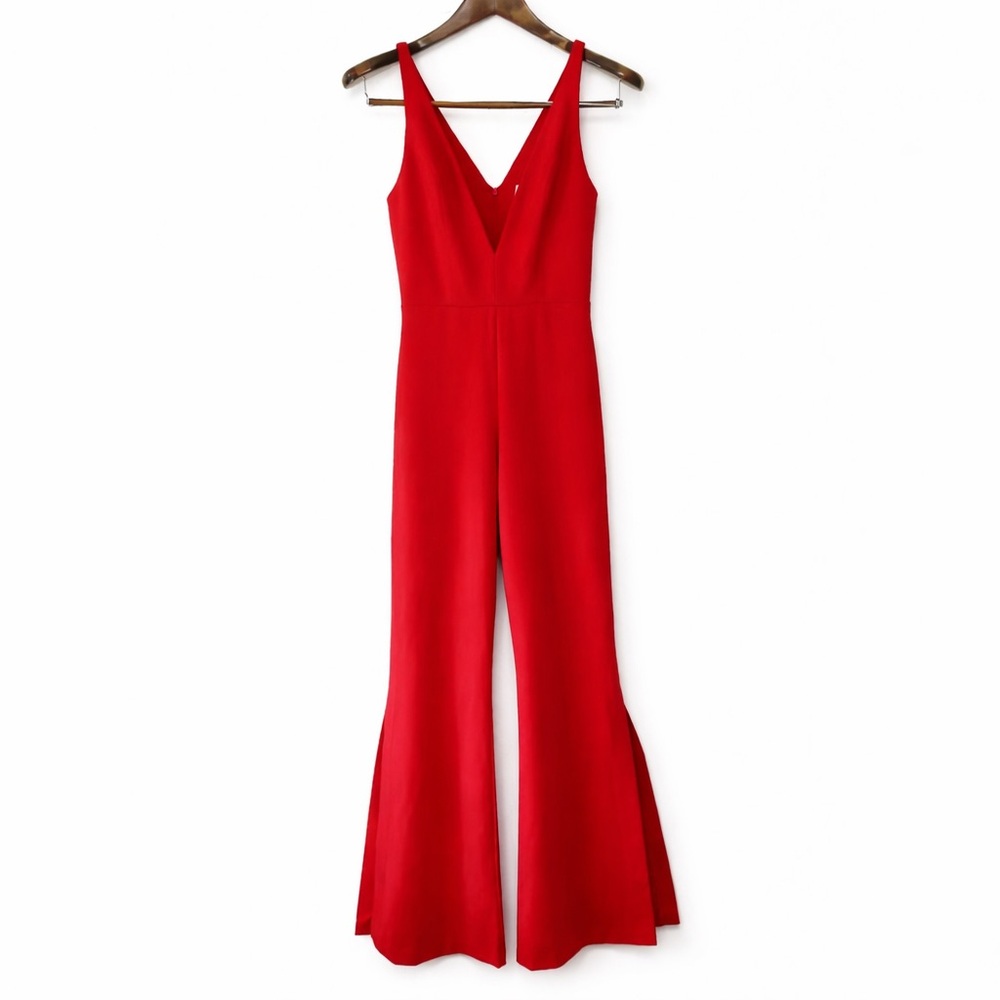 Amanda Uprichard Jumpsuit Red Ponte Deep V Wide Leg Split Hem Norwood Size S
